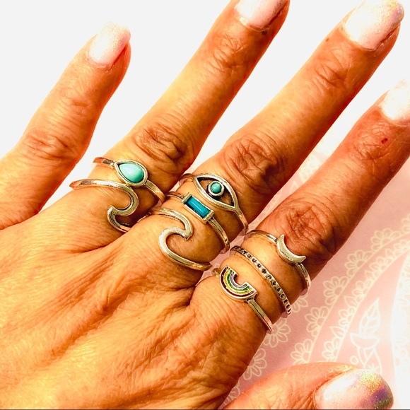 Rainbow Sky Turquoise Stone Silver Ring Set 8pc - Picture 2 of 5